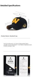 Detail specifications of washed fabric baseball cap with 'W' patch and gold embroidery