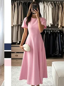Women Elegant Short Sleeve Maxi Dress Polyester Spandex Round Neck A-Line Solid Color Evening Party Banquet Gown
