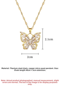 Detailed view of luxury butterfly pendant with cubic zirconia and titanium steel chain