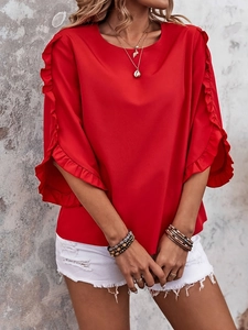 Elegant red chiffon blouse with ruffled 3/4 sleeves and a round neck for spring fashion