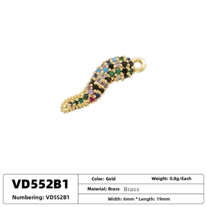 Macro view of gold S-shaped chili pendant with colorful zircon stones and dimensions