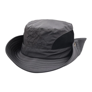 Dark grey outdoor boonie hat with breathable side mesh and TravellerS mountain embroidery