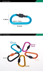 Detail view of colorful D-ring locking carabiners with specific size measurements