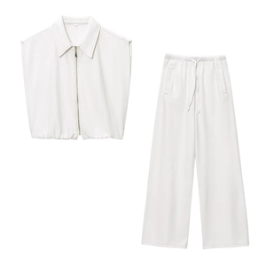 Gilet Sans Manches À Fermeture Éclair Et Pantalon Large À Cordon Surpiqûres Contrastées Polyester Femmes