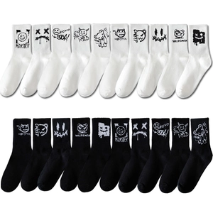 Graffiti street style cotton mid-tube sports socks in black and white monster patterns