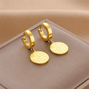 Boucles d'oreilles dorées en acier inoxydable avec pendentif rond Fu au style oriental