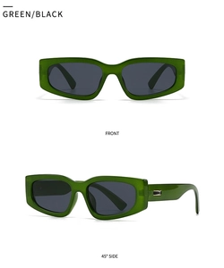 Front and 45-degree side views of translucent green rectangle sunglasses with dark lenses