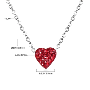Detail view of red crystal heart pendant on stainless steel chain with 45cm length info