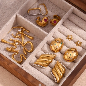Assorted 18K gold plated stainless steel geometric earrings with zircon in wooden box