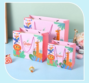 Three sizes of pink cartoon gift bags with 'Happy' text for birthdays and celebrations