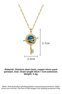 Detailed size specifications for the gold key-shaped necklace with blue starry pattern