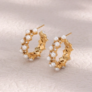 18K gold plated C-shaped earrings featuring white pearls and shimmering zircon accents