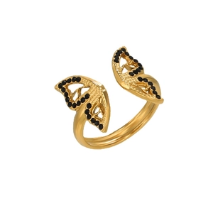 Adjustable stainless steel butterfly ring with black crystal inlay on white background