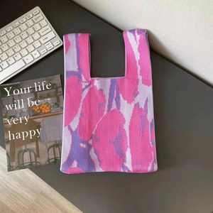 Detailed knit texture of pink and purple floral pattern large capacity tote bag