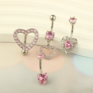 Pink heart-shaped zircon belly rings set in silver stainless steel for body piercing