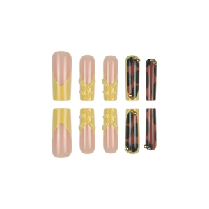 3D embossed French tortoiseshell leopard press-on nails with yellow tip and metal beads