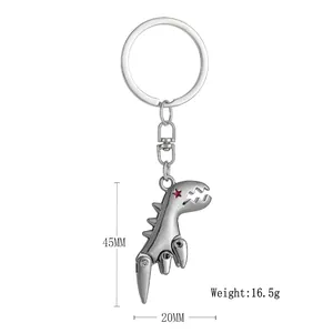 Mechanical metal dinosaur keychain in retro silver finish showing 45mm by 20mm size details