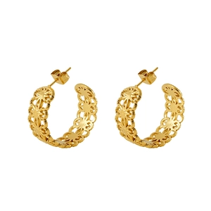 Retro 18K gold titanium steel hoop earrings with hollow flower patterns on white background