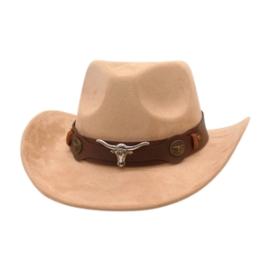 Detail of beige suede cowboy hat with brown leather band and silver bull head
