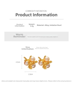 Detailed size and specs of gold flower earrings with pearls measuring 2.3cm x 2.3cm