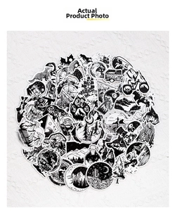 Detailed view of 50 black and white gothic punk stickers with waterproof PVC texture
