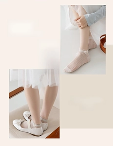 Detail of sweet lace trim ankle socks with a decorative ribbon bow for women