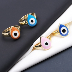 Water drop Evil Eye adjustable open rings in enamel and gold plated alloy for women