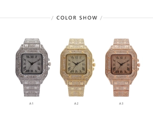 Three square luxury watches in silver, gold, and rose gold with full crystal settings