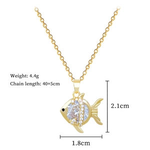 Detailed dimensions of gold fish pendant necklace with weight and chain length specs