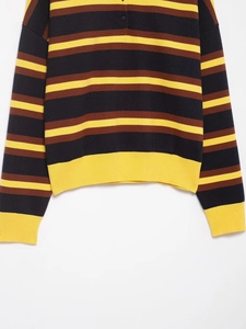 Detail eines mehrfarbig gestreiften Strick-Poloshirts mit Rippbündchen und Knopfleiste