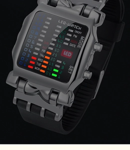 Detail of gray matte metal case and LED matrix display on industrial style digital watch