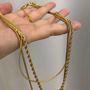 Chic 18K gold-plated stainless steel layered snake and twisted rope chain necklace