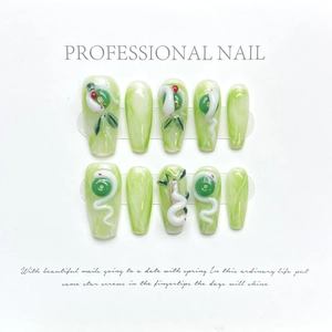Long coffin handmade press-on nails with green marble pattern and 3D white snake art