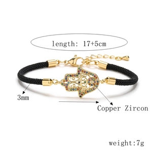 Detailed view of adjustable Hamsa hand bracelet with 17+5cm length and zircon stones