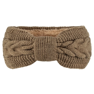 Close-up of cable knit bow headband with thick warm fleece lining for winter ear protection