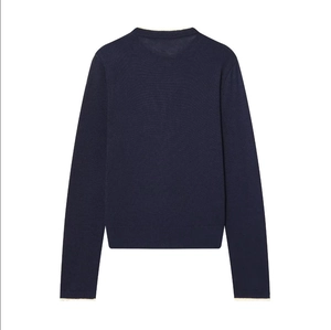 Navy blue lace trim knit cardigan sweater with round neck and long sleeves for women