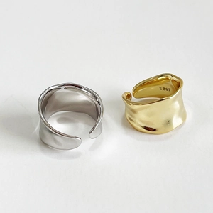 Minimalist S925 sterling silver wide wave irregular open rings in gold and silver