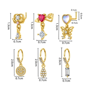 Detailed dimensions of 18k gold plated nose rings with zircon inlays and diverse shapes