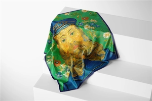 Detailed texture of Van Gogh oil painting silk scarf draped on a white minimalist step