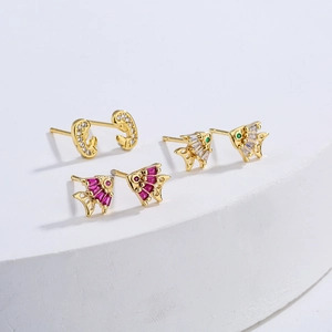 18K gold plated goldfish stud earrings with colorful cubic zirconia in three styles