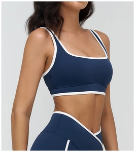 Detail of navy blue sports bra with white trim and wide elastic support band