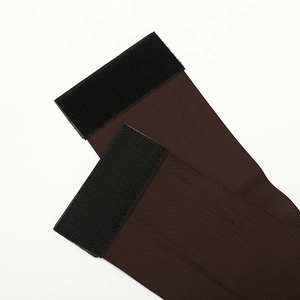 Brown elastic waist belt with black hook and loop fastener for coats and dresses