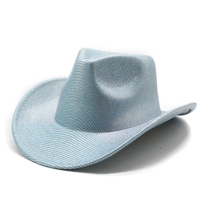 Macro detail of the light blue laser western cowboy hat with metallic glitter texture