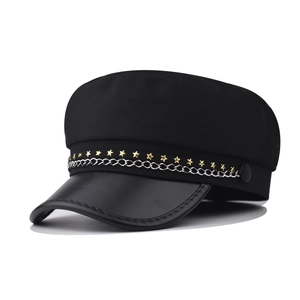 Vintage Women Newsboy Baker Boy Hat With Pentagram Star Rivets And Metal Chain PU Leather Brim Retro Military Sailor Cap