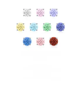 Macro view of ten colorful round-cut gemstones in classic four-prong silver settings
