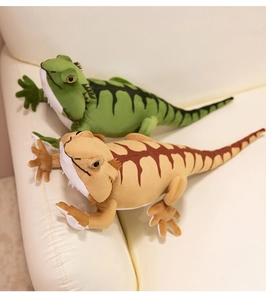 Top view of green and yellow plush bearded dragon toys with detailed scale patterns