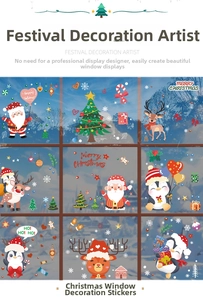 Close-up of Santa Claus and Reindeer static window stickers for festive glass decoration
