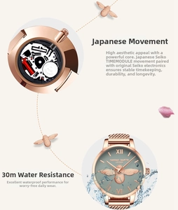 Détails de montre or rose avec cadran abeille 3D, mouvement Seiko japonais et étanchéité 30M