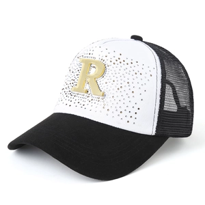 Unisex black and white mesh baseball cap with a rhinestone-studded gold R letter logo