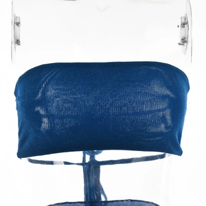 Detailed view of a blue strapless crop top with glossy finish and tie-up details